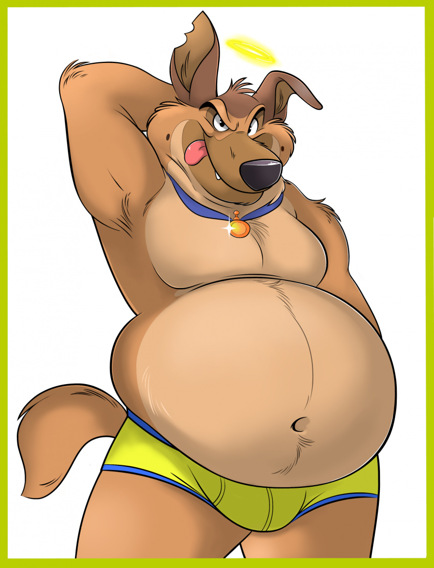 2023 all_dogs_go_to_heaven anthro belly big_belly bulge canid canine canis charlie_barkin chubby_anthro chubby_male clothing domestic_dog don_bluth fangs fur halo hand_behind_head hi_res jewelry looking_at_viewer male mammal navel necklace notched_ear overweight overweight_anthro overweight_male remmyfox slightly_chubby smile smiling_at_viewer solo standing teeth tongue tongue_out underwear