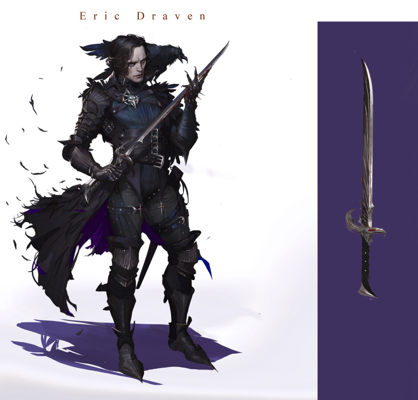 1boy armor bird black_hair boots character_name crow english_commentary eric_draven facepaint fantasy feathers gloves highres inspecting knight looking_at_viewer medieval pet realistic songjie sword the_crow_(comic) the_crow_(film) warrior weapon