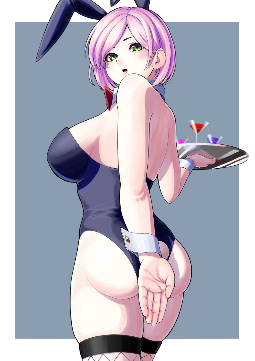 1girl absurdres alcohol animal_ears arm_behind_back ass back backless_leotard bare_arms bare_shoulders black_thighhighs blue_leotard blush bob_cut border bow bowtie breasts california_dream cocktail_glass commentary_request covering covering_ass cowboy_shot cup detached_collar drinking_glass fake_animal_ears fake_tail fingernails fishnet_thighhighs fishnets from_behind green_eyes hair_behind_ear hand_up highleg highleg_leotard highres holding holding_tray large_breasts leotard lips looking_at_viewer looking_back original outside_border parted_bangs parted_lips pink_hair playboy_bunny rabbit_ears rabbit_tail red_bow red_bowtie red_nails short_hair sideboob solo standing strapless strapless_leotard tail thighhighs tray twisted_torso waitress white_border wrist_cuffs