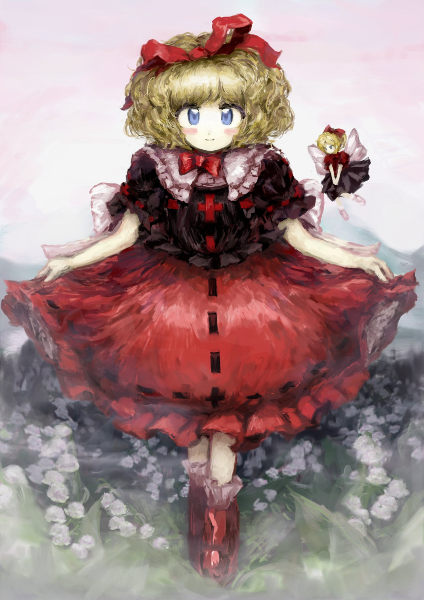 2girls black_skirt blonde_hair blue_eyes blush bow bowtie bubble_skirt clothes_lift flower fog frilled_shirt frilled_shirt_collar frilled_sleeves frills highres legs legs_together light_smile lily_of_the_valley medicine_melancholy minigirl multiple_girls nameless_hill puffy_short_sleeves puffy_sleeves red_bow red_bowtie red_ribbon red_shirt red_skirt ribbon shirt short_hair short_sleeves si_toyaka skirt skirt_lift standing su-san touhou wavy_hair