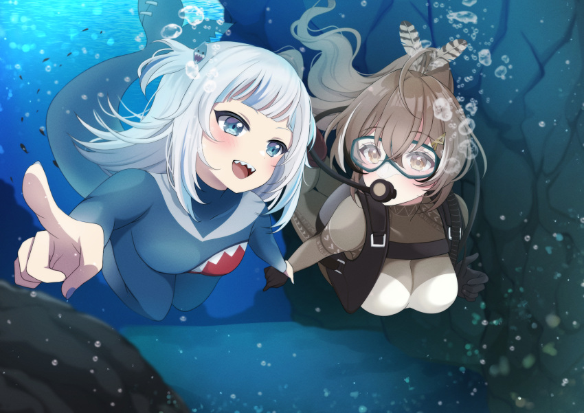 2girls absurdres adapted_costume blue_bodysuit blue_hair blunt_bangs blush bodysuit brown_bodysuit brown_hair commission diving diving_mask diving_regulator diving_suit fins fish_tail freediving gawr_gura gawr_gura_(1st_costume) goggles grey_hair hair_ornament hairclip highres holding_hands hololive hololive_english multicolored_hair multiple_girls nanashi_mumei natsuiro_matsuri_(1st_costume) open_mouth ponytail pukonuu rune_hair_ornament shark_girl shark_tail sharp_teeth skeb_commission streaked_hair tail teeth two_side_up upper_teeth_only virtual_youtuber wetsuit