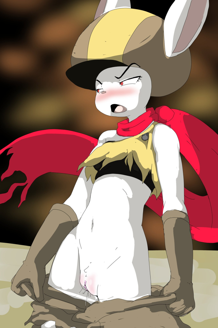 anthro blush bodily_fluids bottomless clothed clothing dragon_ball dragon_ball_super embarrassed female fur genitals hat headgear headwear hi_res lagomorph leporid looking_away mammal pussy rabbit red_eyes scarf solo sorrel undressing vulapa white_body white_fur