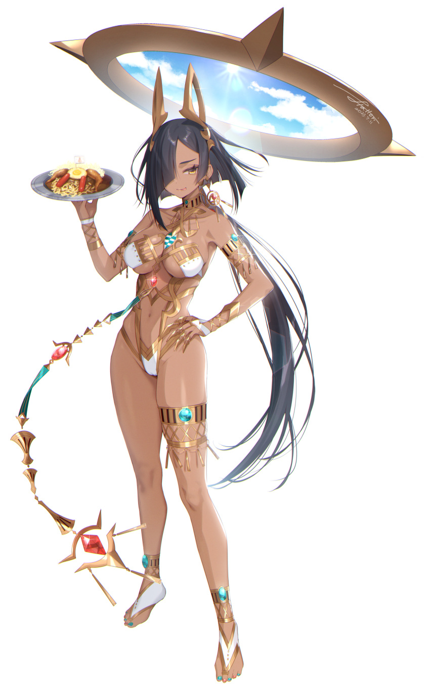 1girl :p absurdres anklet aqua_gemstone armlet bare_shoulders black_hair blunt_bangs breasts cloud cloudy_sky collarbone commentary dark-skinned_female dark_skin dated earrings egg egyptian floating floating_object food food_request full_body gem gold_trim groin hair_over_one_eye hand_on_own_hip hand_up hattori_masaki headgear highres holding holding_plate horteus_(sennen_sensou_aigis) jewelry lens_flare light_rays long_hair looking_at_viewer meat medium_breasts mini_flag multicolored_nails navel no_shoes parted_lips plate red_gemstone sennen_sensou_aigis shiny_skin signature simple_background single_bare_leg single_earring sky solo standing sunlight swimsuit symbol-only_commentary thighlet tongue tongue_out very_long_hair white_background yellow_eyes