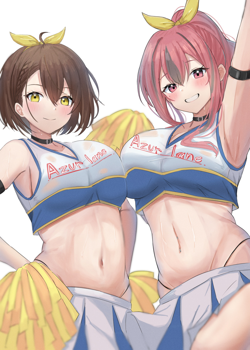 2girls absurdres alternate_costume alternate_hairstyle azur_lane baltimore_(azur_lane) black_choker braid breast_press breasts bremerton_(azur_lane) brown_hair cheerleader choker cleavage cowboy_shot grey_hair highres holding holding_pom_poms large_breasts midriff miniskirt multiple_girls navel navel_piercing piercing pink_hair pom_pom_(cheerleading) short_hair side_braid simple_background skirt sleeveless smile soul_(dp11) two-tone_skirt white_background