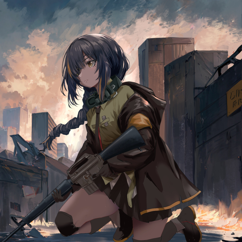 1girl assault_rifle black_gloves blonde_hair braid brown_hair city collared_shirt commentary_request ear_protection eyepatch fire girls'_frontline gloves gun highres holding holding_gun holding_weapon jacket knee_pads kneeling m16 m16a1 m16a1_(girls'_frontline) mole mole_under_eye multicolored_hair open_clothes open_jacket outdoors pleated_skirt rifle shirt shoes single_braid skirt solo streaked_hair tobi_(mylifekei) weapon