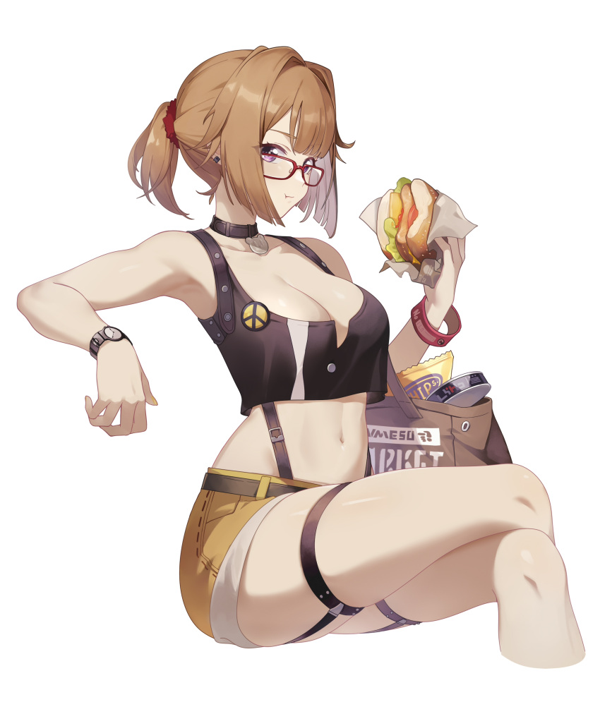 1girl :t absurdres bag bare_arms bare_legs bare_shoulders black_tank_top breasts brown_hair burger cleavage commentary_request commission crop_top feet_out_of_frame food girls'_frontline glasses grizzly_mkv_(girls'_frontline) hand_up highres holding holding_food large_breasts looking_at_viewer midriff navel no.1_machine ponytail purple_eyes red-framed_eyewear second-party_source short_hair short_shorts shorts simple_background sitting solo stomach tank_top thigh_strap thighs watch white_background wristwatch yellow_shorts
