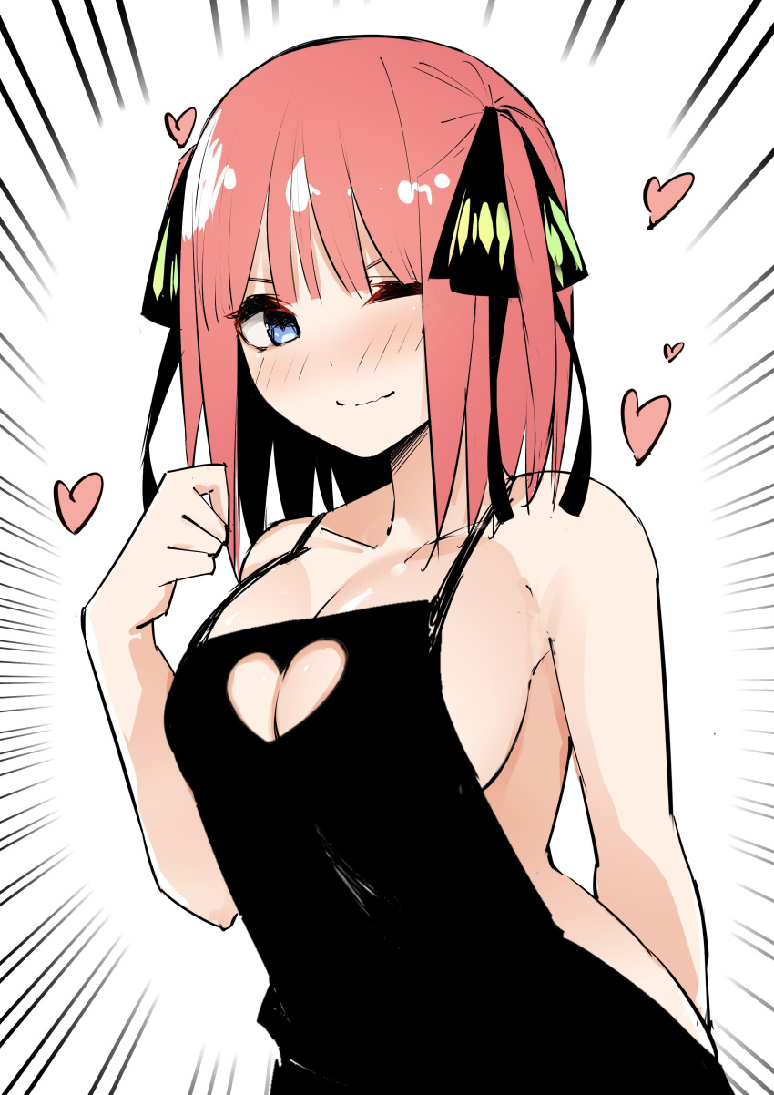 1girl absurdres apron arm_behind_back black_apron black_ribbon blue_eyes blush breasts butterfly_hair_ornament cleavage cleavage_cutout closed_mouth clothing_cutout collarbone commentary_request curvy emphasis_lines eyebrows_hidden_by_hair eyelashes go-toubun_no_hanayome hair_ornament hair_ribbon hand_up heart heart_cutout highres large_breasts looking_at_viewer mame1645 medium_hair nakano_nino naked_apron nose_blush one_eye_closed pink_hair ribbon shy simple_background smile solo straight_hair two_side_up upper_body v-shaped_eyebrows wavy_mouth white_background