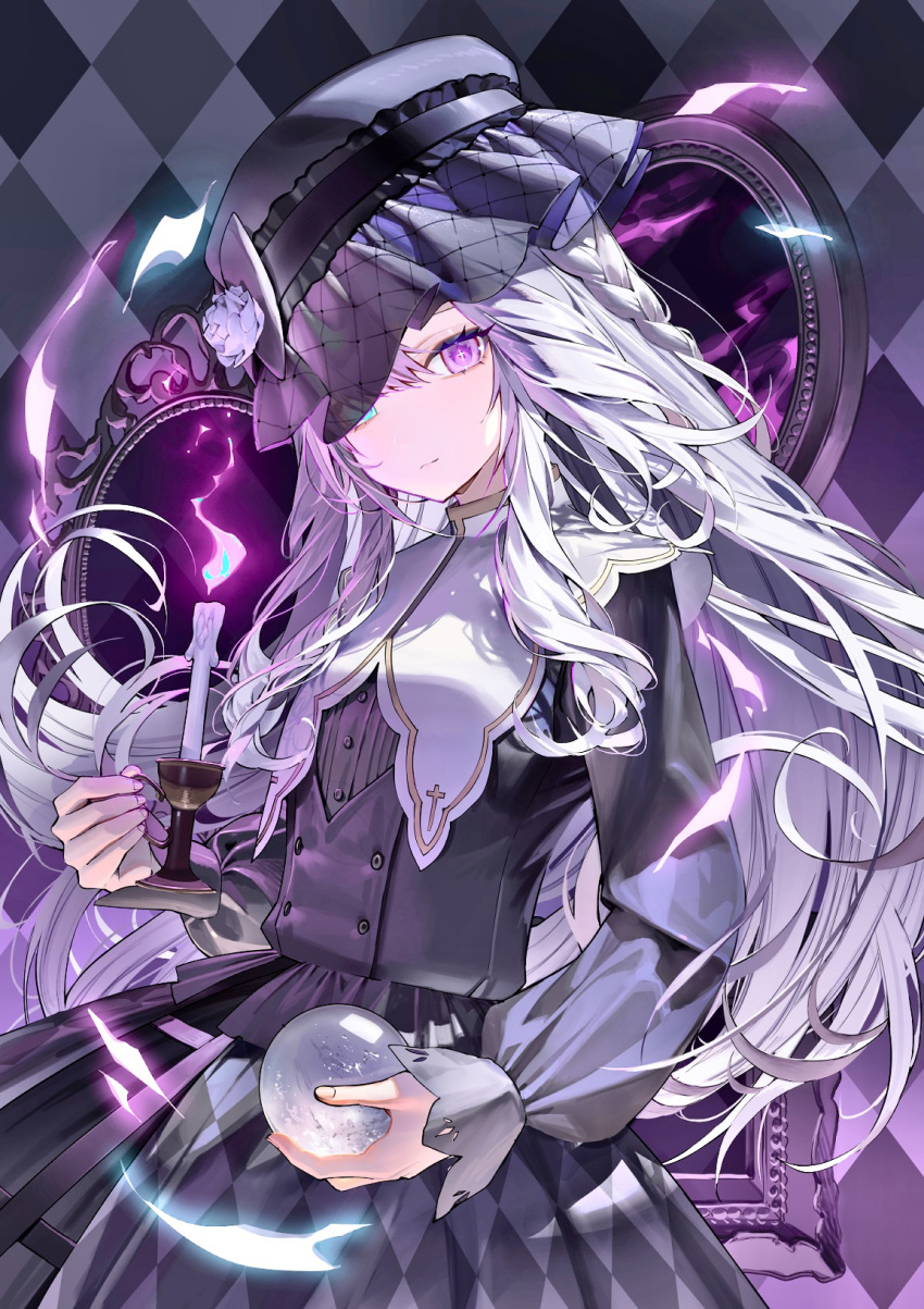 1girl argyle argyle_background black_dress black_headwear blue_eyes candle closed_mouth crystal_ball dress fire hat heterochromia highres holding holding_candle kitada_mo long_hair long_sleeves looking_at_viewer original puffy_sleeves purple_eyes purple_fire solo white_hair