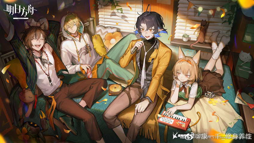 1girl animal_ears arknights beanstalk_(arknights) blonde_hair brown_hair closed_eyes closed_mouth highres instrument kang_yiqian_(self_cultivation) laughing looking_away lumen_(arknights) lying multiple_boys music official_art one_eye_closed piano shirt short_hair singing sitting stainless_(arknights) tequila_(arknights)