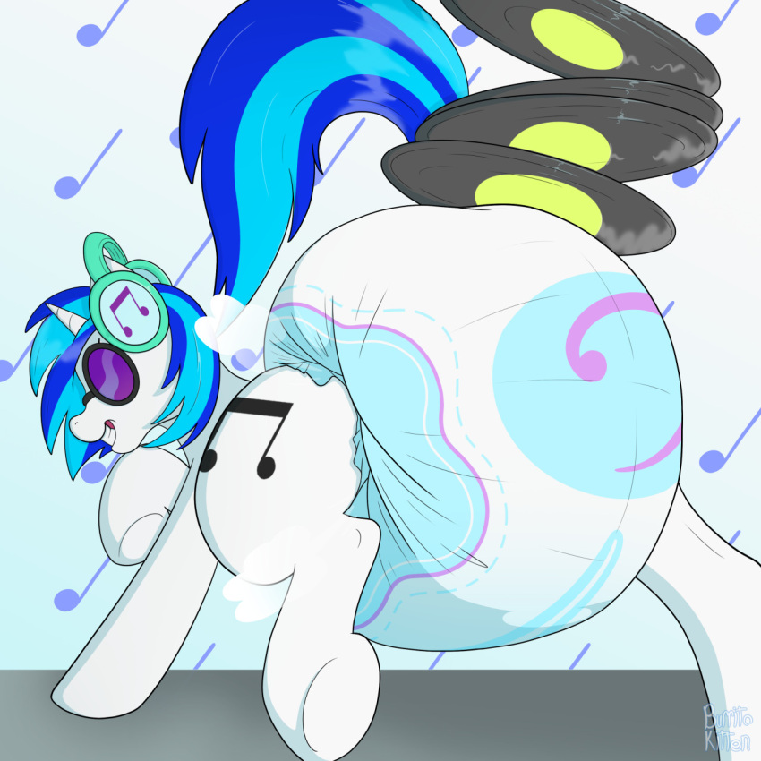 big_diaper blue_hair burritokitten clothed clothing cutie_mark diaper equid equine eyewear feral friendship_is_magic fur hair hasbro headphones hi_res horn mammal my_little_pony poofy_diaper quadruped smile sunglasses unicorn vinyl_record vinyl_scratch_(mlp) wearing_diaper white_body white_fur