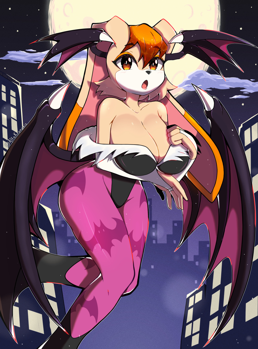 2023 5_fingers absurd_res alfa_kronoxis anthro big_breasts biped breasts brown_body brown_eyes capcom cleavage clothed clothing darkstalkers digital_media_(artwork) female fingers fur hi_res lagomorph legwear leporid mammal moon morrigan_aensland night open_mouth rabbit sega solo sonic_the_hedgehog_(series) star thick_thighs tights vanilla_the_rabbit wide_hips wings