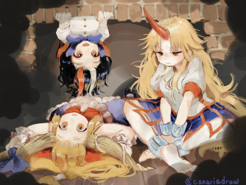 3girls barefoot black_hair blonde_hair blue_bow blue_bowtie blue_skirt bow bowtie breasts brick_wall buttons canariadraw chimney commentary_request cuffs flat_chest full_body hair_bow highres horn_bow horn_ornament horns hoshiguma_yuugi ibuki_suika indian_style kijin_seija long_hair looking_at_viewer medium_bangs medium_breasts messy_hair multicolored_hair multiple_girls open_mouth orange_eyes red_bow red_bowtie red_eyes red_hair red_horns red_skirt shackles shirt short_hair sidelocks single_horn sitting skirt sleeveless sleeveless_shirt smile striped striped_skirt t-shirt touhou upside-down very_long_hair white_hair white_shirt wrist_cuffs