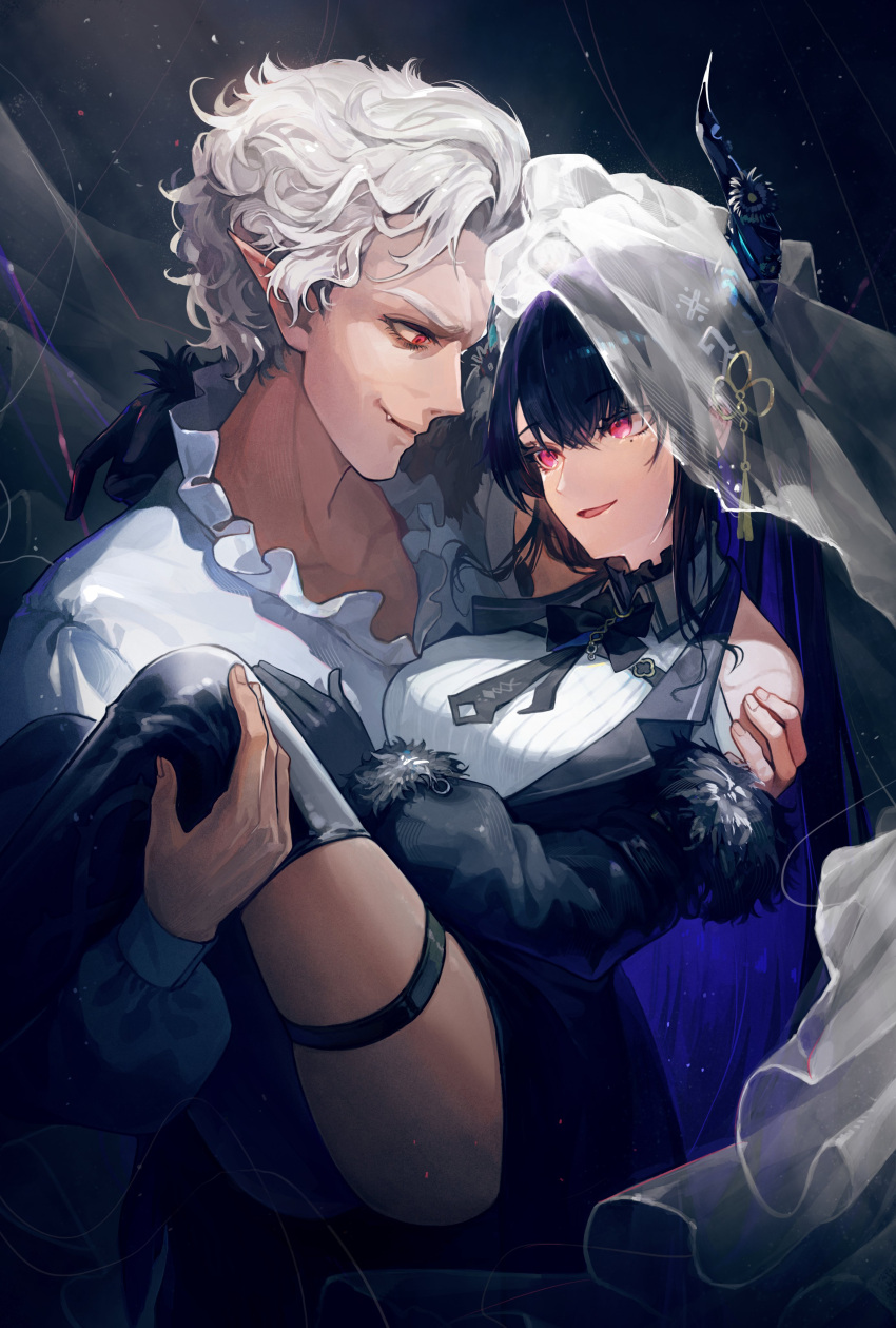 1boy 1girl absurdres astarion baldur's_gate baldur's_gate_3 bare_shoulders black_gloves black_hair breasts carrying collarbone curly_hair demon_horns dungeons_and_dragons fur-trimmed_sleeves fur_trim gloves happyongdal hetero highres hololive hololive_english horns large_breasts long_hair looking_at_another mole mole_under_eye nerissa_ravencroft pink_eyes pointy_ears princess_carry red_eyes second-party_source short_hair thigh_strap veil very_long_hair virtual_youtuber white_hair