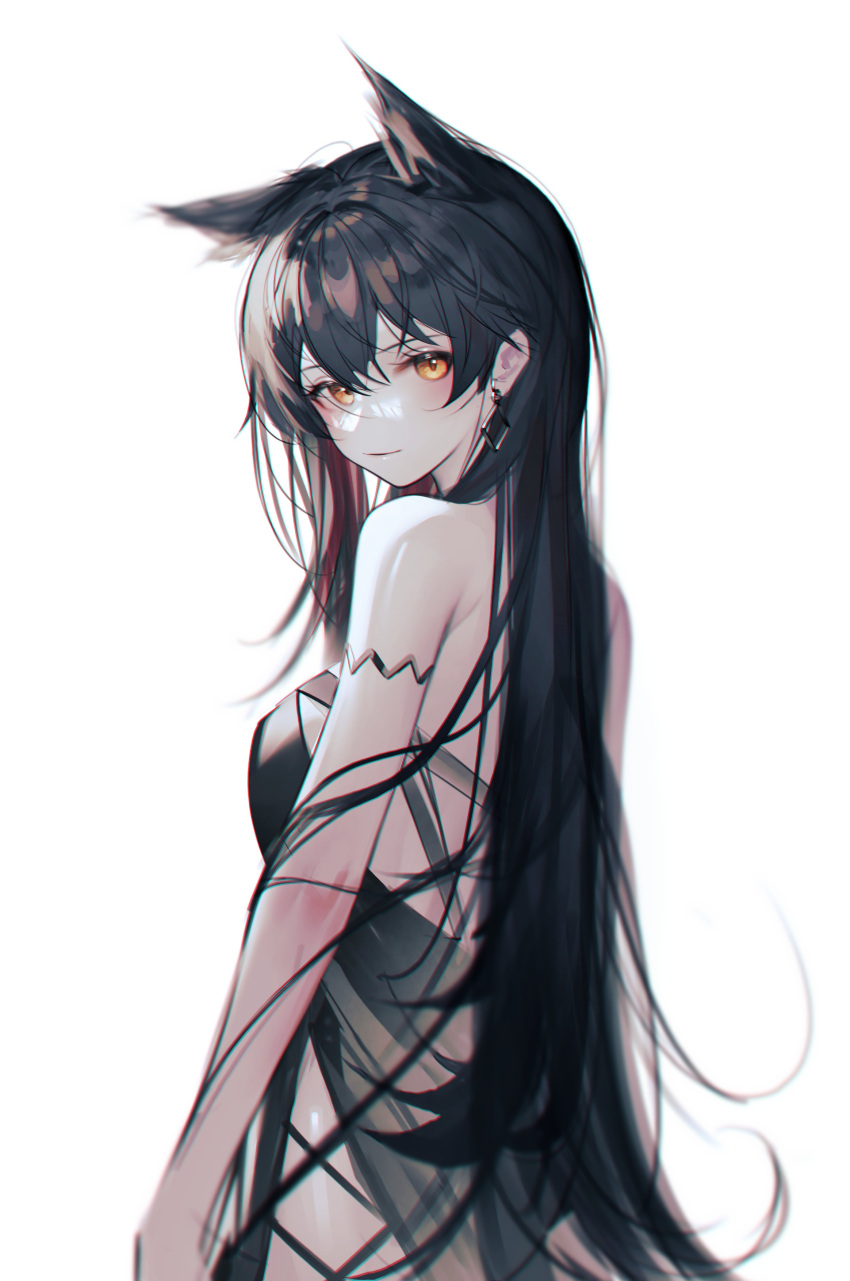 1girl absurdres animal_ears arknights backless_outfit black_dress black_hair blush closed_mouth commentary dress earrings highres jewelry long_hair looking_at_viewer looking_back simple_background smile solo texas_(arknights) upper_body veilrain very_long_hair white_background wolf_ears wolf_girl yellow_eyes