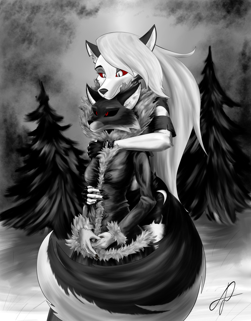 2022 absurd_res alice_the_vixen anthro bar_limb black_nose black_sclera bracelet breasts canid canid_demon canine claws clothed clothing coat demon duo embrace evergreen_tree eye_contact female female/female fingerless_gloves fluffy fluffy_tail forest forest_background fox gloves hair handwear hellhound helluva_boss hi_res hug huge_filesize hugging_from_behind jewelry long_hair long_tail looking_at_another loona_(helluva_boss) mammal monochrome multicolored_body nature nature_background pine_tree plant red_eyes red_sclera shirt signature size_difference snow tail tiny_bunny tobias_richter topwear tree white_hair winter winter_coat