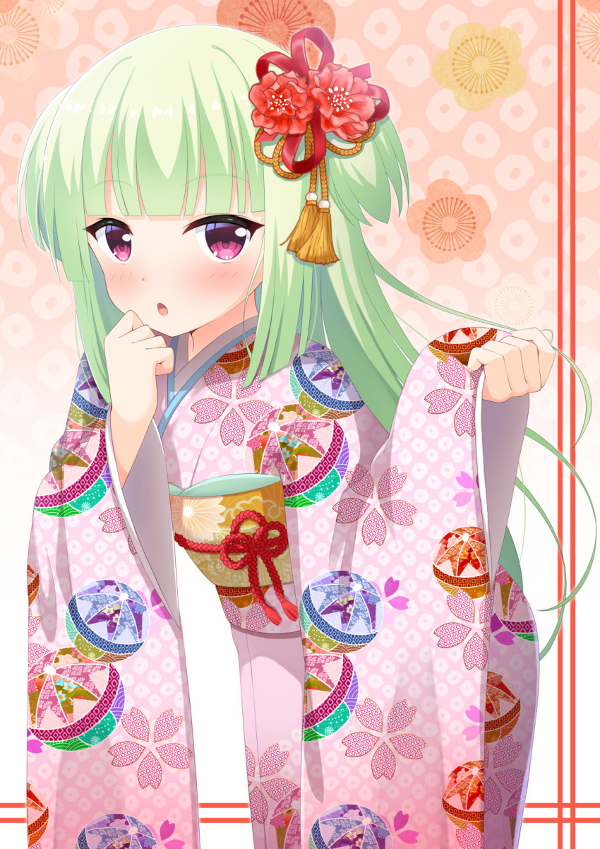 1girl 7fuji_06 blunt_bangs blush cherry_blossom_print clenched_hands commentary cowboy_shot floral_background floral_print flower furisode green_hair hair_flower hair_ornament hands_up highres hime_cut japanese_clothes kanoko_(pattern) kikumon kimono long_hair long_sleeves looking_at_viewer murasame_(senren) open_mouth pink_background pink_kimono purple_eyes red_flower sakuramon seigaiha senren_banka sidelocks simple_background solo standing tassel tassel_hair_ornament two_side_up very_long_hair wide_sleeves