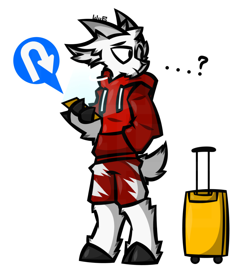 anthro bottomwear bovid caprine clothing confusion fur goat gps hand_in_pocket hi_res holding_object holding_phone hoodie hooves horn inner_ear_fluff looking_away looking_back male mammal phone pockets red_clothing redesign short_tail shorts signature solo tail text topwear travel_bag tuft url watermark white_body white_fur wub_(artist)