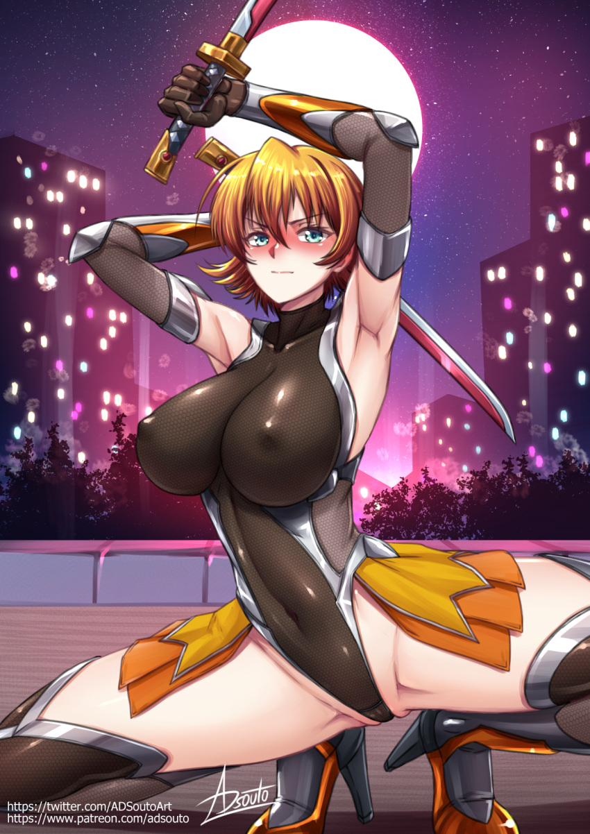 1girl action_taimanin adsouto armpits arms_up artist_name blonde_hair blue_eyes blush boots breasts building cameltoe closed_mouth covered_navel covered_nipples dual_wielding elbow_gloves full_body full_moon gloves high_heel_boots high_heels highleg highleg_leotard highres holding holding_sword holding_weapon igawa_sakura impossible_clothes impossible_leotard large_breasts leotard looking_at_viewer moon night night_sky ninja nipple_tweak outdoors reverse_grip short_hair short_sword signature sky solo squatting star_(sky) starry_sky sword taimanin_(series) taimanin_asagi taimanin_suit tantou thigh_boots weapon web_address