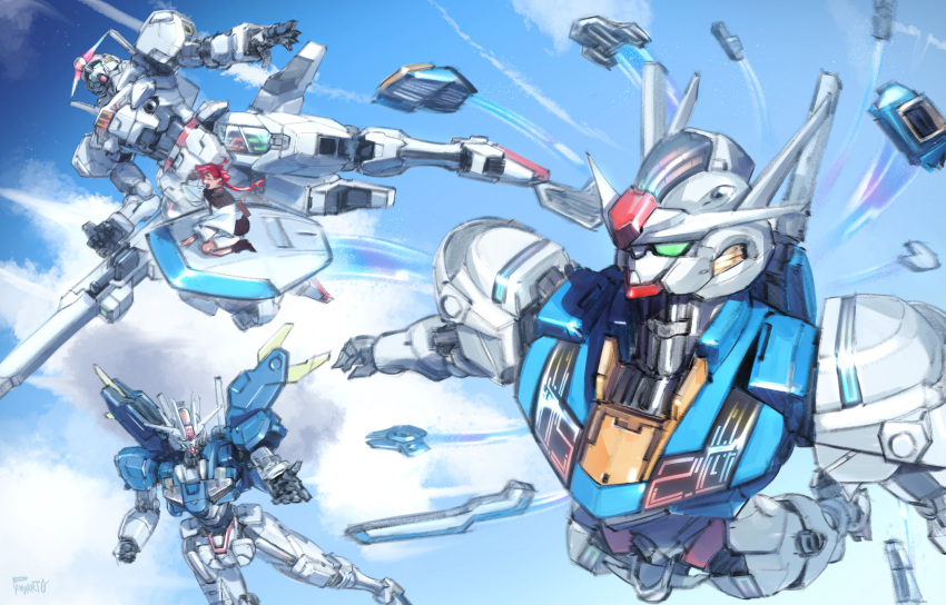 1girl absurdres artist_name asticassia_school_uniform beam_cannon bit_(gundam) black_footwear black_hairband blue_sky clenched_hand closed_eyes cloud commentary commission contrail english_commentary flying green_eyes gun gundam gundam_aerial gundam_aerial_rebuild gundam_calibarn gundam_suisei_no_majo hairband highres holding holding_gun holding_weapon jacket low_ponytail mecha mobile_suit open_hand open_mouth outstretched_arms panyart0 pixiv_commission red_hair robot school_uniform science_fiction shorts sky suletta_mercury v-fin weapon white_jacket white_shorts
