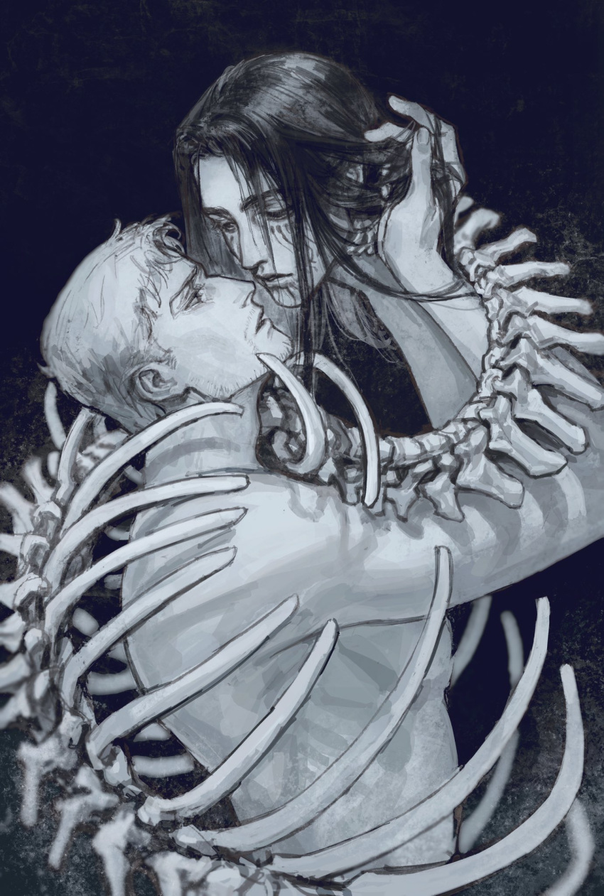2boys black_hair couple eren_yeager eye_contact facial_hair half-closed_eyes hand_in_another's_hair highres long_hair looking_at_another male_focus multiple_boys reiner_braun ribs rora_(auroradiation) severed_head shingeki_no_kyojin short_hair skeleton spine spoilers stubble thick_eyebrows upper_body yaoi
