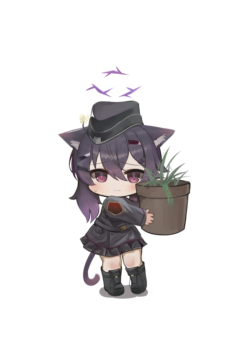 1girl absurdres animal_ear_fluff animal_ears black_footwear black_hair black_headwear black_jacket black_skirt blue_archive blush boots cat_ears cat_girl cat_tail chibi closed_mouth dokomon flower_pot full_body garrison_cap hair_between_eyes hair_ornament hairclip halo haruka_(blue_archive) hat highres holding jacket kemonomimi_mode long_sleeves looking_at_viewer plant pleated_skirt potted_plant purple_eyes shadow simple_background skirt sleeves_past_wrists solo standing sweat tail white_background