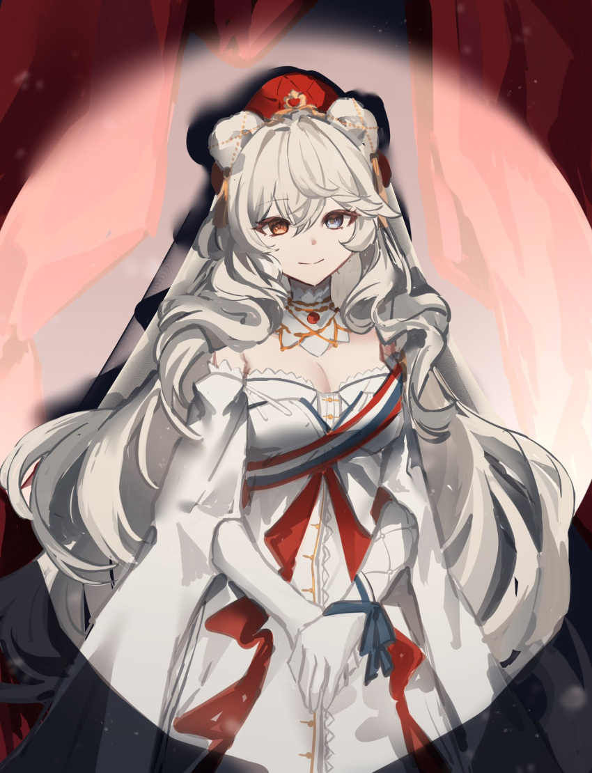 1girl animal_ears arknights bear_ears blue_eyes breasts brown_eyes cleavage closed_mouth commentary detached_sleeves dress elbow_gloves gloves goma_74umai grey_hair hair_between_eyes heterochromia highres long_hair long_sleeves looking_at_viewer medium_breasts own_hands_together red_headwear rosa_(arknights) smile solo strapless strapless_dress very_long_hair white_dress white_gloves white_sleeves wide_sleeves