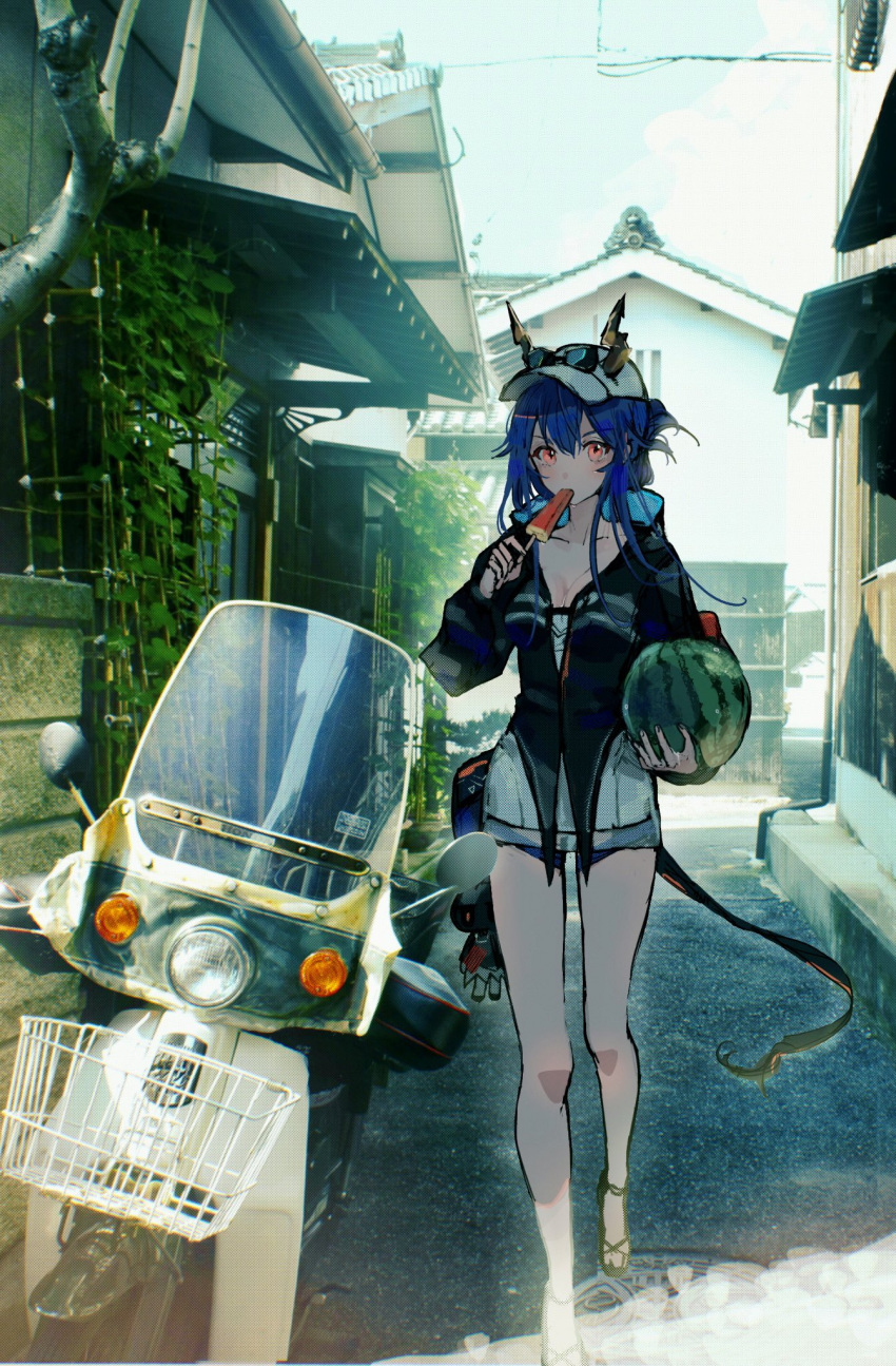 1girl arknights black_jacket blue_hair breasts ch'en_(arknights) ch'en_the_holungday_(arknights) cityscape commentary dragon_girl dragon_horns dragon_tail eyewear_on_headwear food fruit hair_between_eyes highres holding holding_food holding_fruit horns horns_through_headwear jacket long_hair looking_at_viewer matsuoka_(mtok_0) medium_breasts motor_vehicle official_alternate_costume outdoors popsicle scooter sidelocks solo tail watermelon watermelon_bar