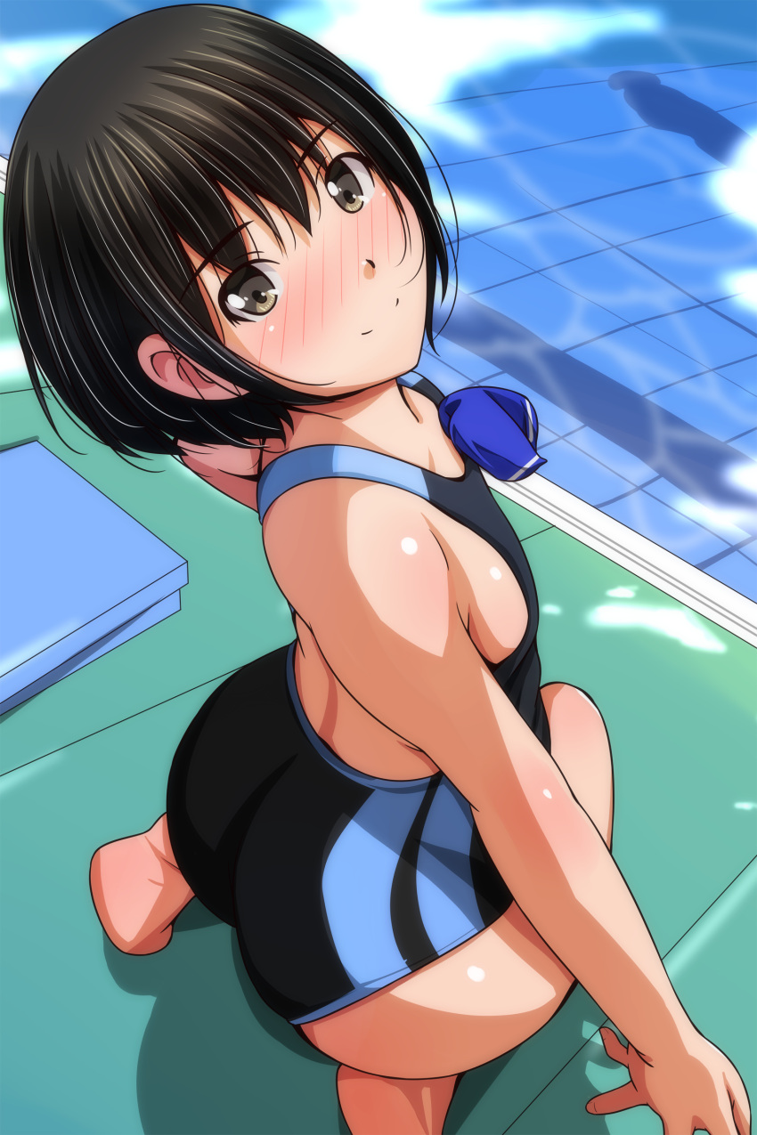 1girl absurdres ass black_hair black_one-piece_swimsuit blush brown_eyes competition_swimsuit flat_chest from_above highres looking_at_viewer looking_back matsunaga_kouyou nose_blush one-piece_swimsuit original pool poolside seiza short_hair sitting solo swimsuit unworn_swim_cap water