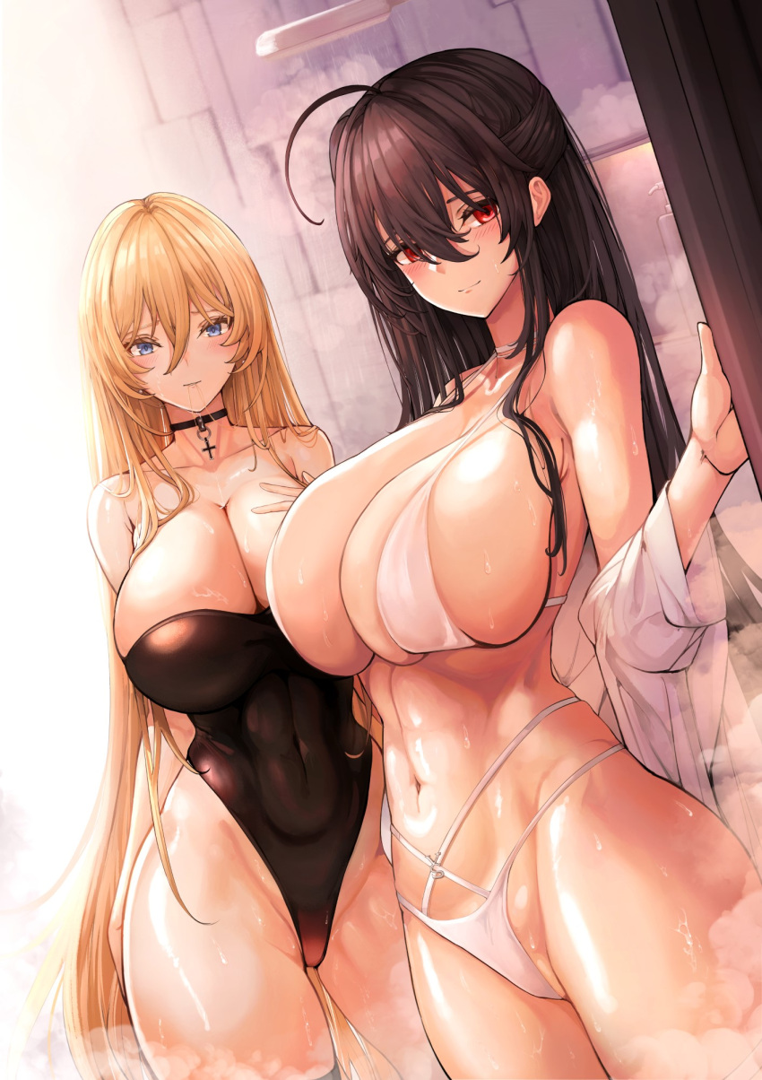 2girls ahoge azur_lane bare_shoulders bikini bismarck_(azur_lane) bismarck_zwei_(azur_lane) bismarck_zwei_(crystal-clear_holiday)_(azur_lane) black_hair black_one-piece_swimsuit blonde_hair blue_eyes breasts choker cleavage collarbone covered_navel cross cross_choker hair_between_eyes highleg highleg_swimsuit highres huge_breasts long_hair long_sleeves looking_at_viewer multiple_girls navel off_shoulder official_alternate_costume one-piece_swimsuit one_side_up open_clothes open_shirt red_eyes shirt sideboob smile swimsuit taihou_(azur_lane) taihou_(seaside_daydreams)_(azur_lane) thighs very_long_hair wet white_bikini white_shirt yusha_m