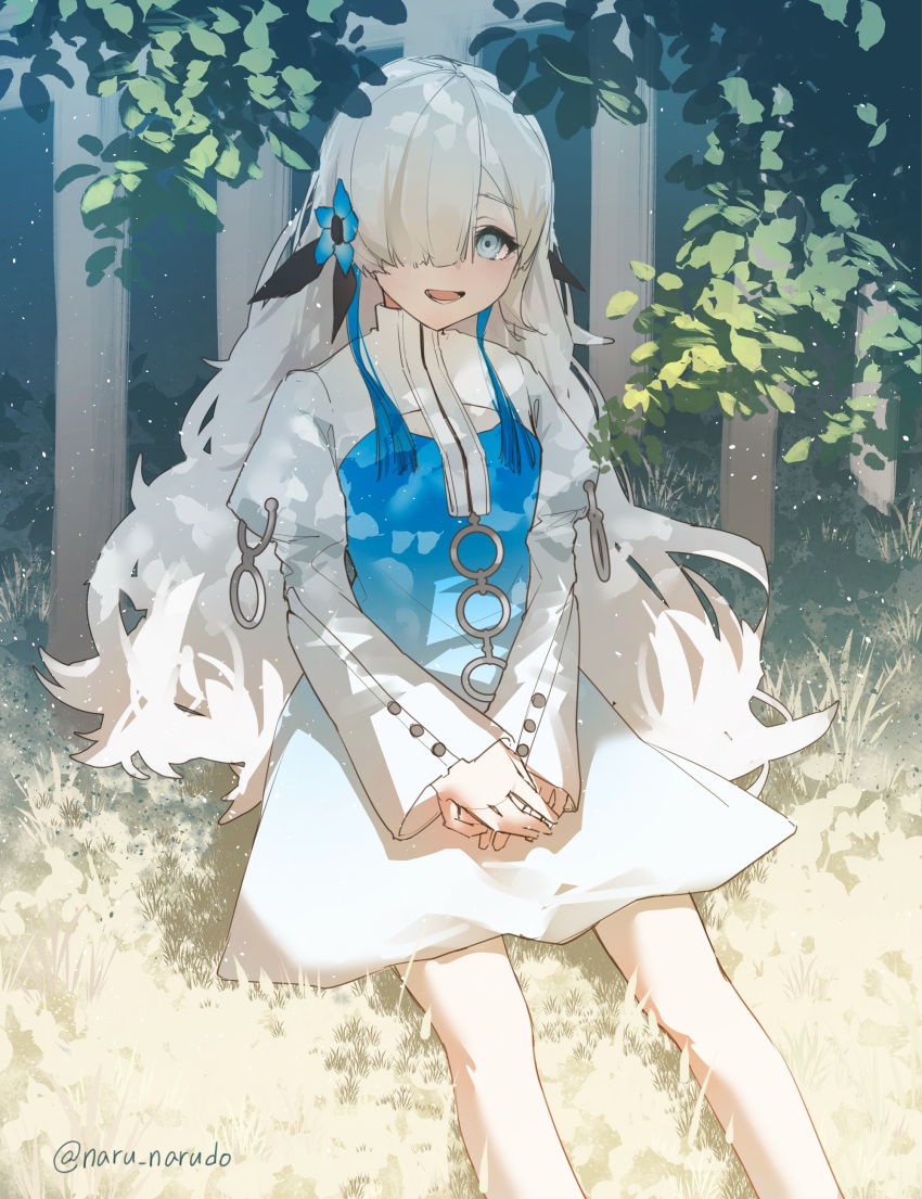 1girl absurdres blue_dress blue_eyes blue_flower blue_hair commentary_request dress feet_out_of_frame flower grass hair_flower hair_ornament hair_over_one_eye highres isekai_joucho kamitsubaki_studio leaf long_hair long_sleeves looking_at_viewer multicolored_hair narudo open_mouth outdoors own_hands_together sitting smile solo sunlight two-tone_dress two-tone_hair virtual_youtuber white_dress white_hair