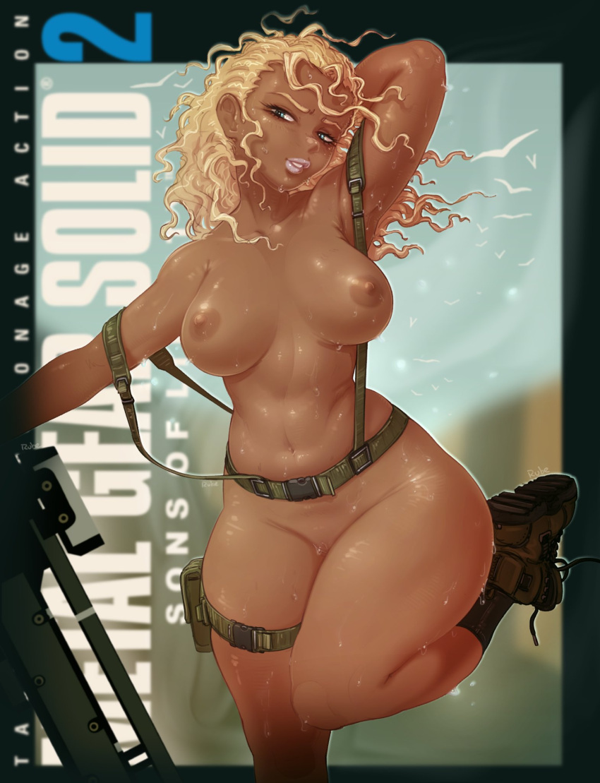 1girl arm_behind_head arm_up bird blonde_hair blurry boots breasts commentary copyright_name dark-skinned_female dark_skin depth_of_field english_commentary english_text feet_out_of_frame flock fortune_(metal_gear) gun highres justrube large_breasts leg_up lipstick looking_at_viewer makeup medium_hair metal_gear_(series) metal_gear_solid_2:_sons_of_liberty naked_suspenders navel nipples railgun signature socks solo suspenders sweat thigh_pouch thigh_strap weapon