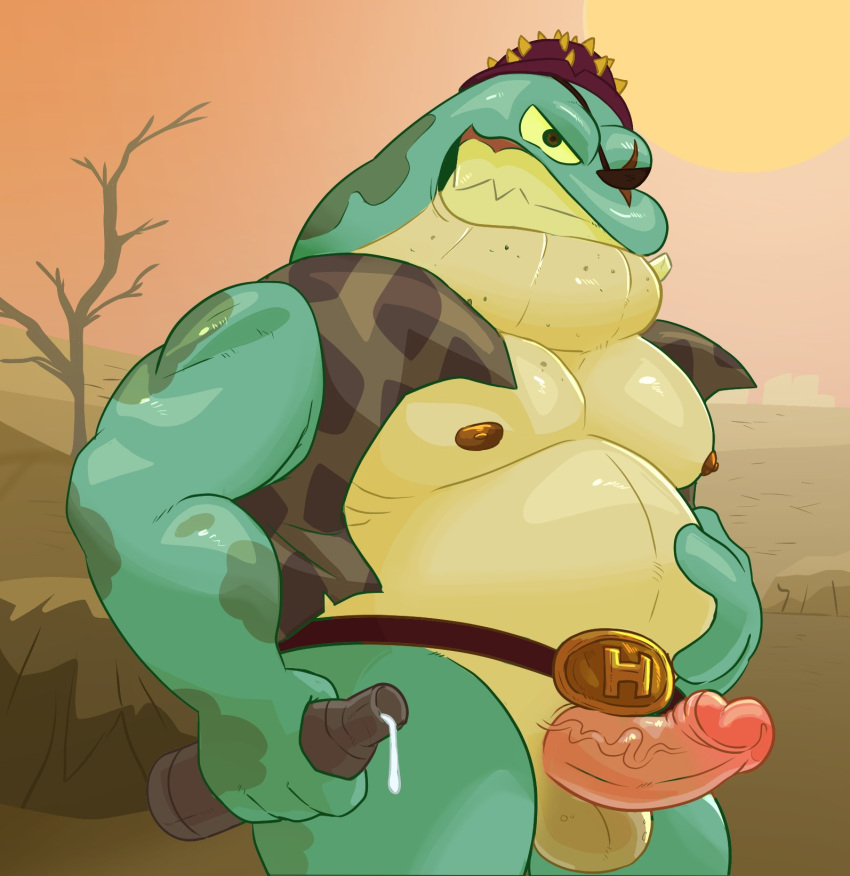 2023 amphibia_(series) amphibian anthro balls belly bottle container detailed_background disney erection frog genitals green_body haxsmack hi_res judro_hasselback male moobs musclegut nipples outside overweight overweight_male penis scar solo