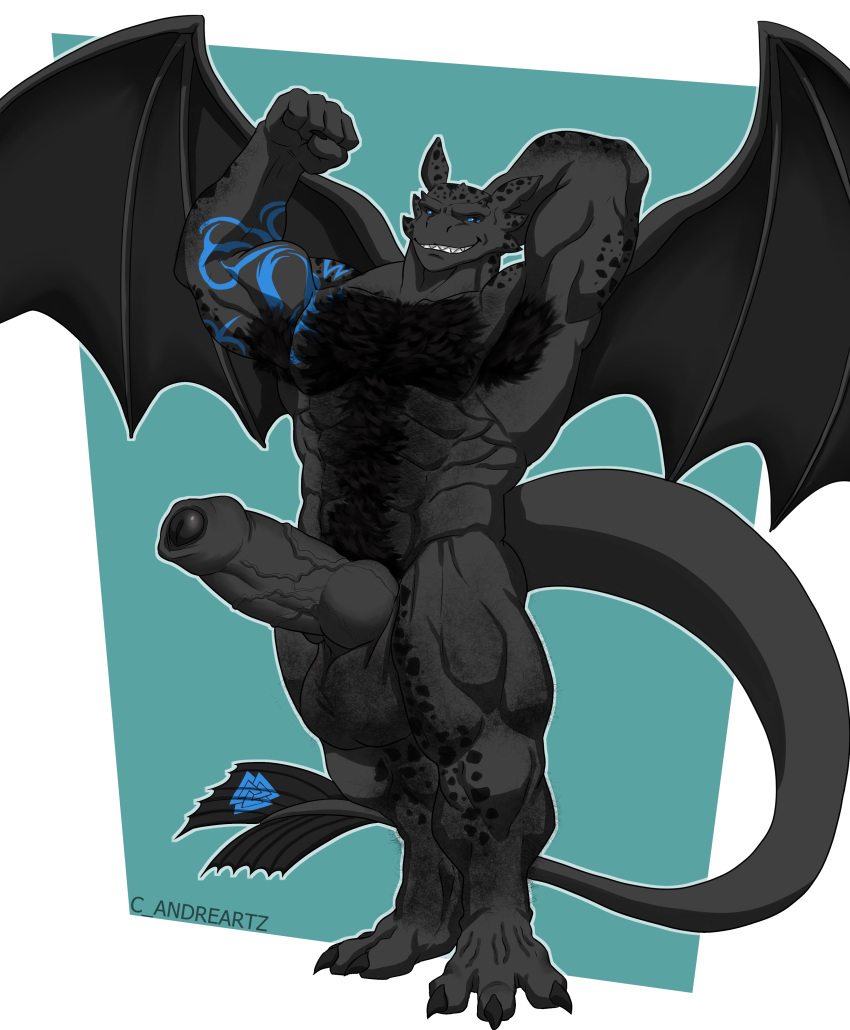 abs absurd_res anthro arm_tattoo armpit_hair balls biceps black_balls black_body black_penis black_scales blue_eyes body_hair c_andreartz chest_hair digitigrade dragon dreamworks foreskin genitals hairy hand_behind_head happy_trail hi_res how_to_train_your_dragon humanoid_genitalia humanoid_penis hybrid_genitalia hybrid_penis knot knotted_humanoid_penis male muscular muscular_male night_fury onyx_kull penis scales scalie simple_background smile smirk solo spread_wings tail_tattoo tattoo teeth vein veiny_penis western_dragon wings