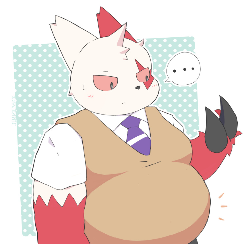 2022 anthro belly big_belly biped blush bodily_fluids bottomwear claws clothed clothing digital_media_(artwork) generation_3_pokemon hi_res jimmyzangoo male necktie nintendo pokemon pokemon_(species) simple_background solo sweat sweatdrop thick_thighs topwear vest zangoose