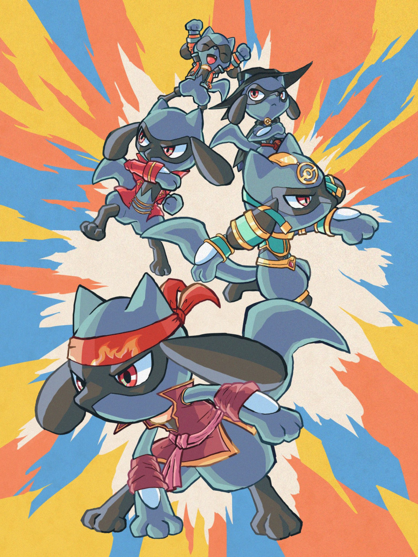 black_headwear closed_eyes clothed_pokemon debudebumetabo hat headband highres no_humans open_mouth poke_ball_symbol pokemon pokemon_(creature) riolu