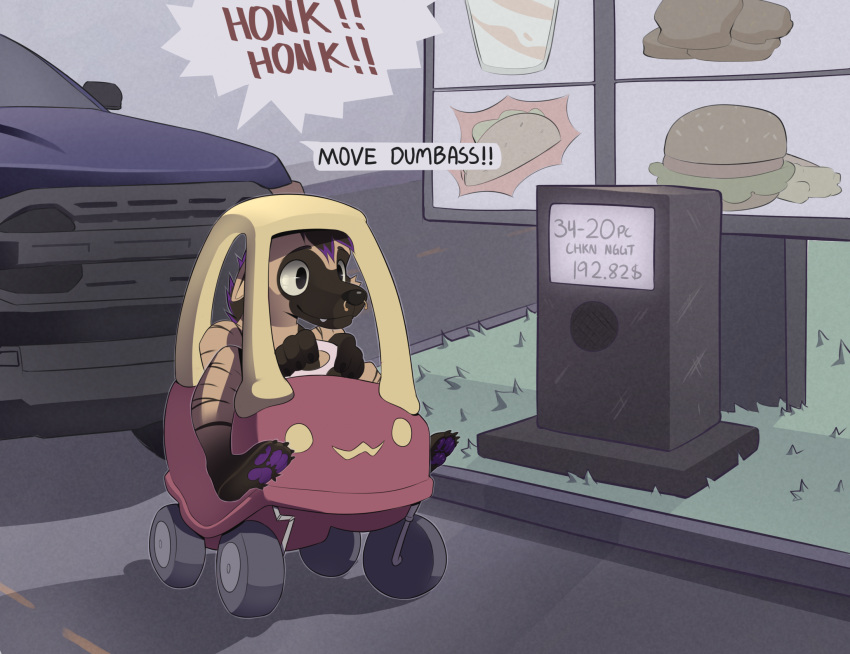 2022 anthro cozy_coupe detailed_background dialogue digital_media_(artwork) drive-thru driving english_text fur grass hi_res inside_vehicle male mammal mangoyena outside plant solo text