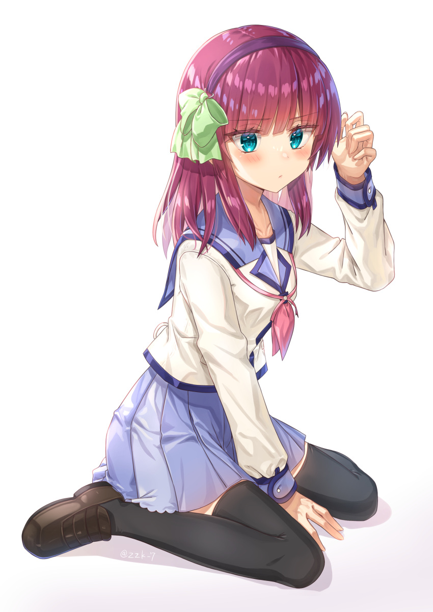 1girl absurdres angel_beats! aqua_eyes between_legs black_hairband black_thighhighs blue_sailor_collar blue_skirt blunt_bangs blush bow brown_footwear closed_mouth commentary_request eyelashes eyes_visible_through_hair frown full_body green_bow hair_bow hairband hand_between_legs hand_up highres lips loafers long_sleeves looking_at_viewer medium_hair miniskirt nakamura_yuri neckerchief pink_neckerchief pleated_skirt purple_hair sailor_collar shinda_sekai_sensen_uniform shirt shoes shy sidelocks simple_background sitting skirt solo sparkle straight_hair thighhighs twitter_username wariza white_background white_shirt zettai_ryouiki zuzuhashi