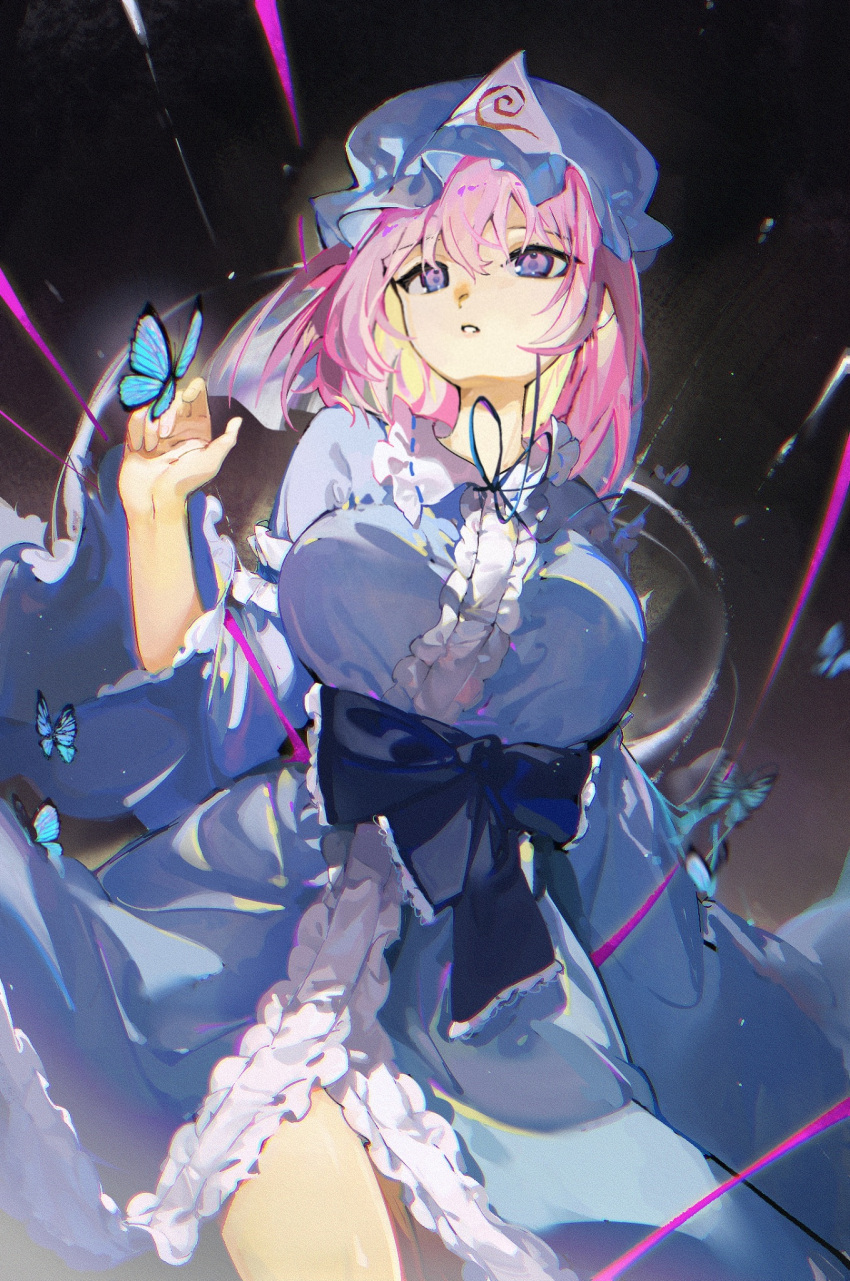 1girl amari black_bow blue_dress blue_headwear bow breasts bug butterfly dress highres large_breasts open_mouth pink_hair purple_eyes saigyouji_yuyuko solo touhou