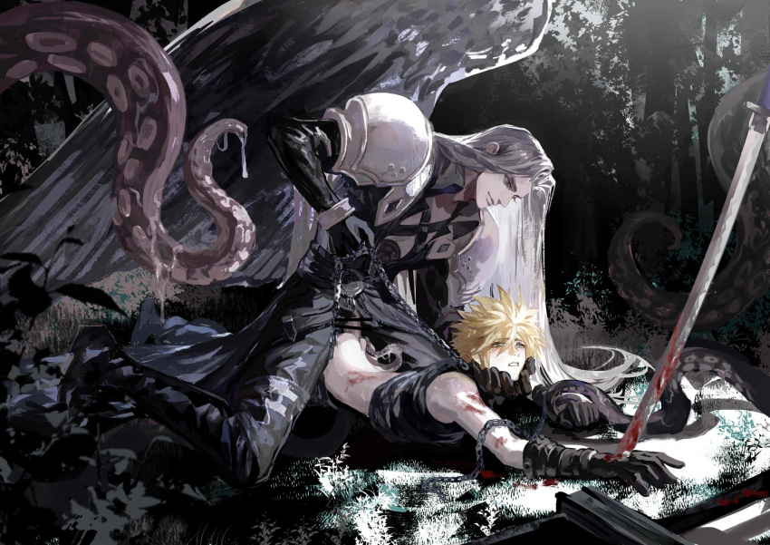 2boys anal arm_armor armor bar_censor belt black_coat black_footwear black_gloves black_pants black_wings blonde_hair blood blood_on_arm blood_on_back blood_on_ground blood_on_weapon blue_eyes blush boots censored chain chain_leash chest_strap cloud_strife coat collar commentary_request cum doggystyle feathered_wings final_fantasy final_fantasy_vii foliage forest gloves green_eyes grey_hair hand_on_another's_chin high_collar highres holding holding_leash impaled injury katana knee_boots kneeling leaf leash long_hair long_sleeves lying male_focus moyna multiple_boys nature night on_ground on_stomach outdoors pants parted_lips pauldrons penis plant planted planted_sword rape restrained sephiroth sex sex_from_behind shirt shirt_rolled_up short_hair shoulder_armor single_wing sleeveless smile smirk spiked_hair stab straight_hair sweat sword tentacles tentacles_on_male tree weapon wings yaoi