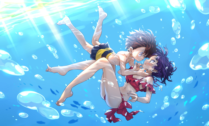 1boy 1girl absurdres adapted_costume air_bubbles bare_arms bare_legs barefoot bikini breasts brown_hair cleavage eye_contact floating_hair from_side gegege_no_kitarou groin highres imminent_kiss kitarou looking_at_another navel nekomusume nekomusume_(gegege_no_kitarou_6) purple_hair red_bikini short_hair silanduqiaocui small_breasts striped_male_swimwear swimsuit underwater yellow_eyes