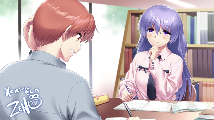 1boy 1girl angel_beats! black_necktie black_ribbon blue_hair blush book brown_hair clenched_hand closed_mouth commission day english_commentary eyelashes eyes_visible_through_hair frown grey_shirt hair_between_eyes hand_up highres holding holding_pen indoors irie_miyuki library long_hair long_sleeves looking_at_another looking_down necktie open_book otonashi_yuzuru paid_reward_available parted_lips pen pink_shirt purple_eyes red_eyes ribbon scratching_head second-party_source shirt short_hair signature skeb_commission smile sweatdrop table very_long_hair writing zen_(kamuro)