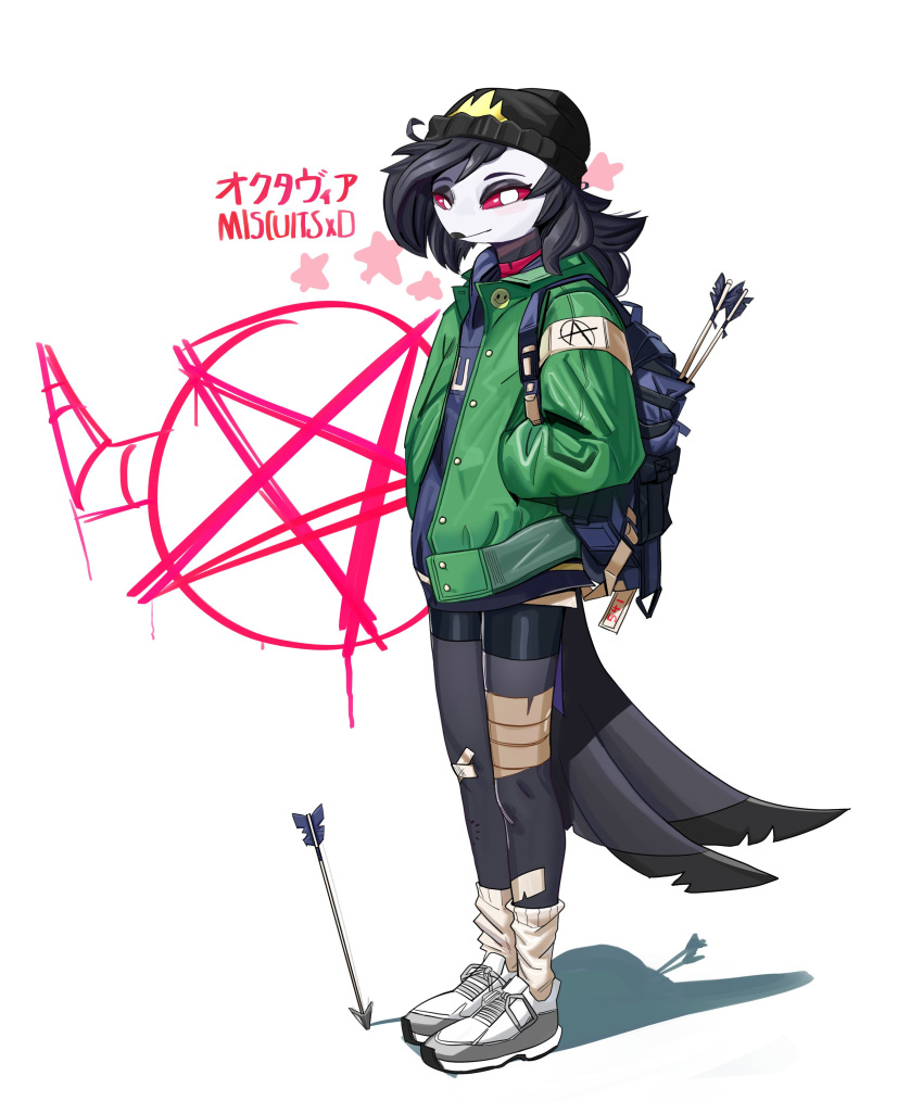 2023 absurd_res anthro arrow_(weapon) band-aid bandage beanie biped black_body black_feathers black_hair bomber_jacket clothing digital_media_(artwork) feathers female footwear hair hat headgear headwear helluva_boss hi_res long_hair miscuitsxd octavia_(helluva_boss) owl_demon ranged_weapon red_sclera shoes simple_background sneakers solo tail_feathers weapon white_background white_body white_eyes