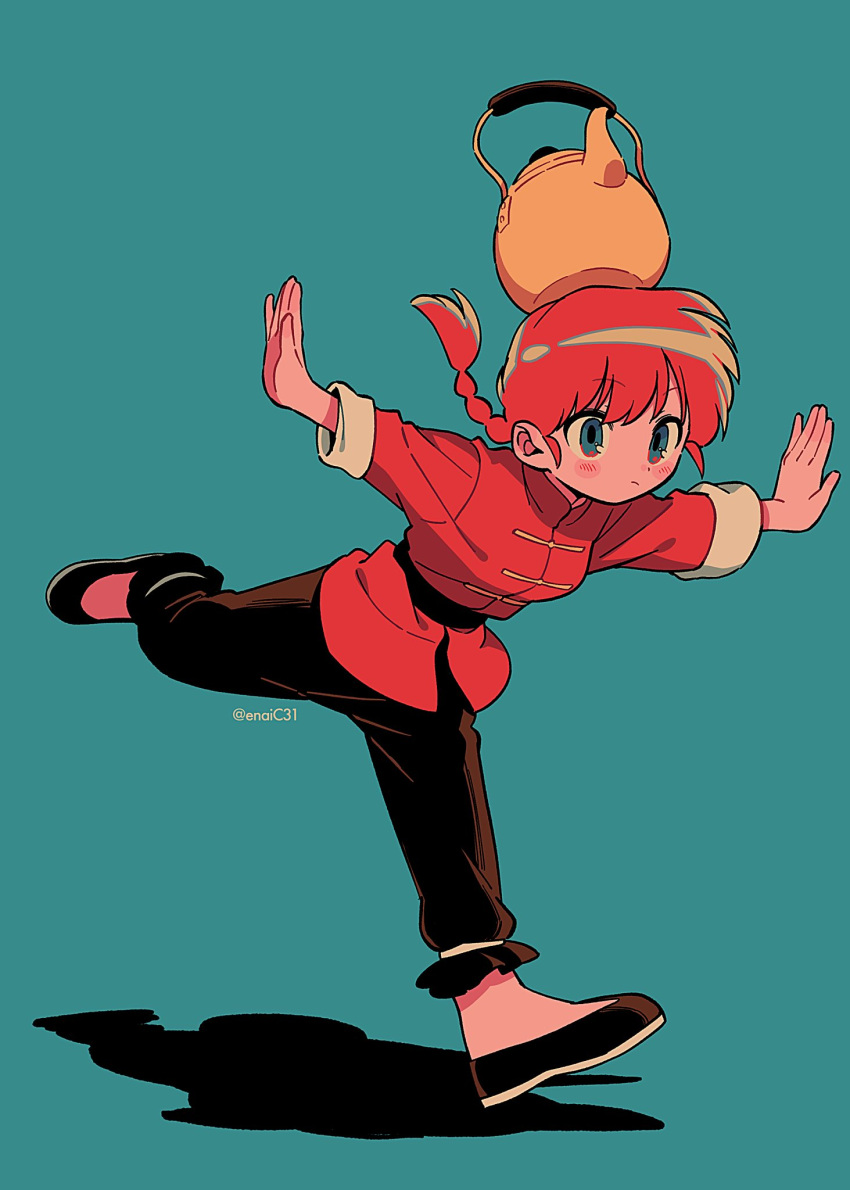 1girl artist_name black_footwear blue_background blue_eyes blush_stickers braid braided_ponytail breasts chinese_clothes closed_mouth highres menma_(enaic31) ranma-chan ranma_1/2 red_hair shadow simple_background solo