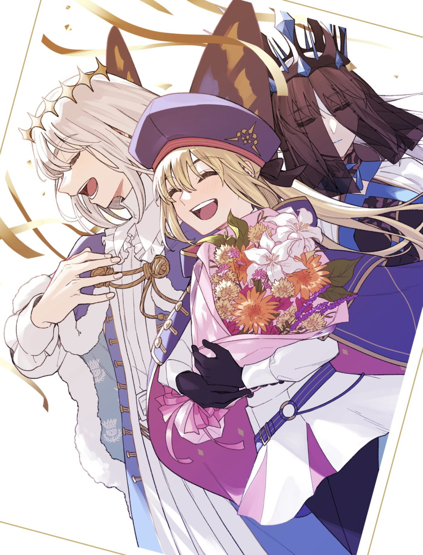 1boy 2girls artoria_caster_(fate) artoria_caster_(second_ascension)_(fate) artoria_pendragon_(fate) beret black_gloves black_pantyhose blonde_hair bouquet butterfly_wings cape closed_eyes crown dress gloves grey_hair hat highres holding holding_bouquet long_hair morgan_le_fay_(fate) morgan_le_fay_(queen_of_winter)_(fate) multiple_girls oberon_(fate) pantyhose shayubi veil white_dress wings