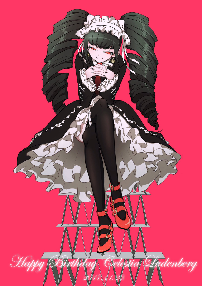 1girl black_dress black_jacket black_nails black_skirt black_thighhighs brown_hair card celestia_ludenberg closed_mouth danganronpa:_trigger_happy_havoc danganronpa_(series) dated dress earrings frilled_skirt frills gothic_lolita half-closed_eyes happy_birthday headdress highres house_of_cards jacket jewelry leaning_forward lolita_fashion nail_polish necktie own_hands_together pink_background playing_card red_eyes red_necktie shachoo_(poco_poco) simple_background skirt smile solo thighhighs twintails