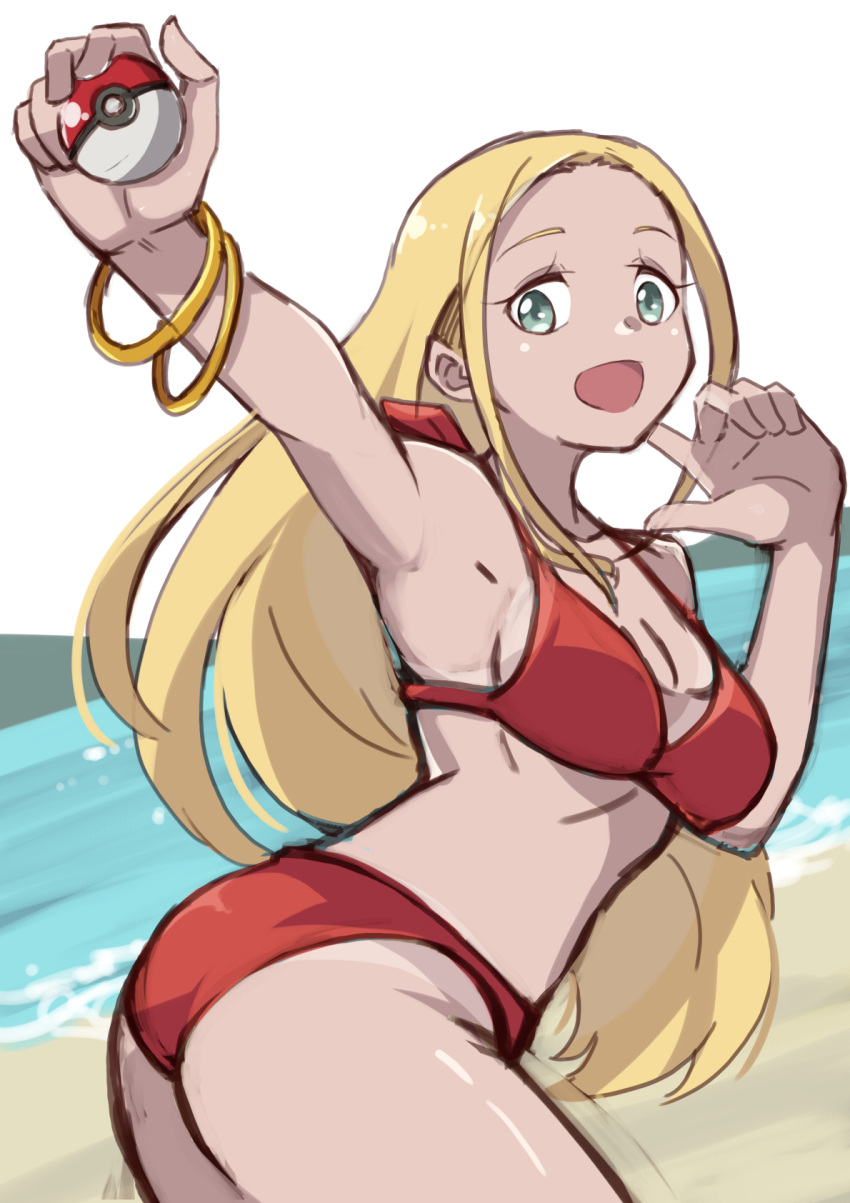 1girl 34_(sanjushi) blonde_hair bracelet breasts green_eyes highres holding holding_poke_ball jewelry long_hair looking_at_viewer open_mouth poke_ball poke_ball_(basic) pokemon pokemon_(game) pokemon_xy smile solo swimmer_(pokemon) swimsuit