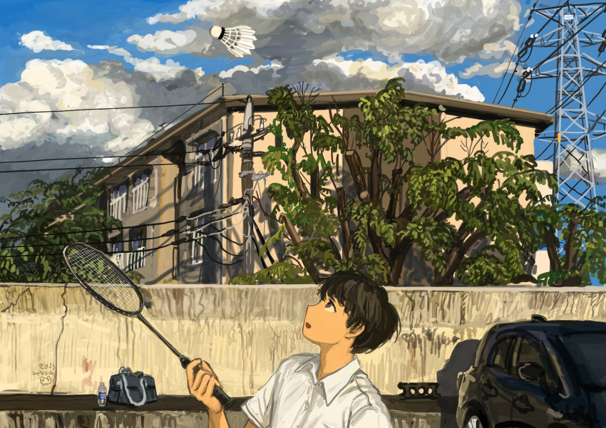 1boy badminton badminton_racket bag black_hair building car cloud highres male_focus minahamu motor_vehicle original outdoors racket school_bag short_hair shuttlecock solo transmission_tower tree