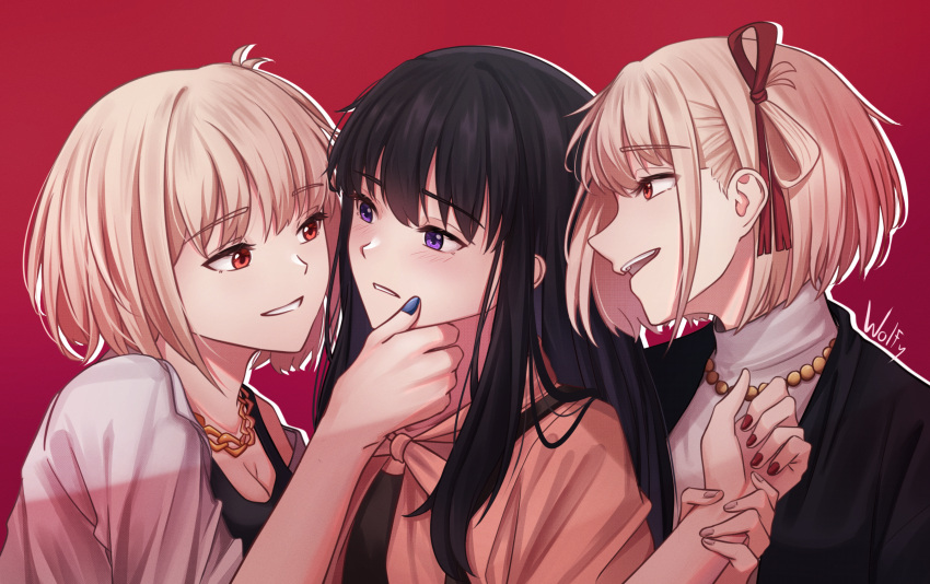 3girls absurdres artist_name bead_necklace beads black_jacket black_shirt black_tank_top blonde_hair blue_nails blush bob_cut breasts chain_necklace chxoswolf cleavage collarbone commentary_request dual_persona english_commentary eye_contact formal girl_sandwich grabbing_another's_chin hair_between_eyes hair_ribbon hand_on_another's_chin high_collar highres holding_another's_wrist inoue_takina jacket jewelry long_hair looking_at_another lycoris_recoil multiple_girls nail_polish necklace nishikigi_chisato one_side_up open_clothes open_mouth open_shirt outline purple_eyes red_background red_eyes red_nails red_ribbon ribbon sandwiched screentones shade shirt short_hair sidelocks tank_top teeth white_outline white_shirt yuri