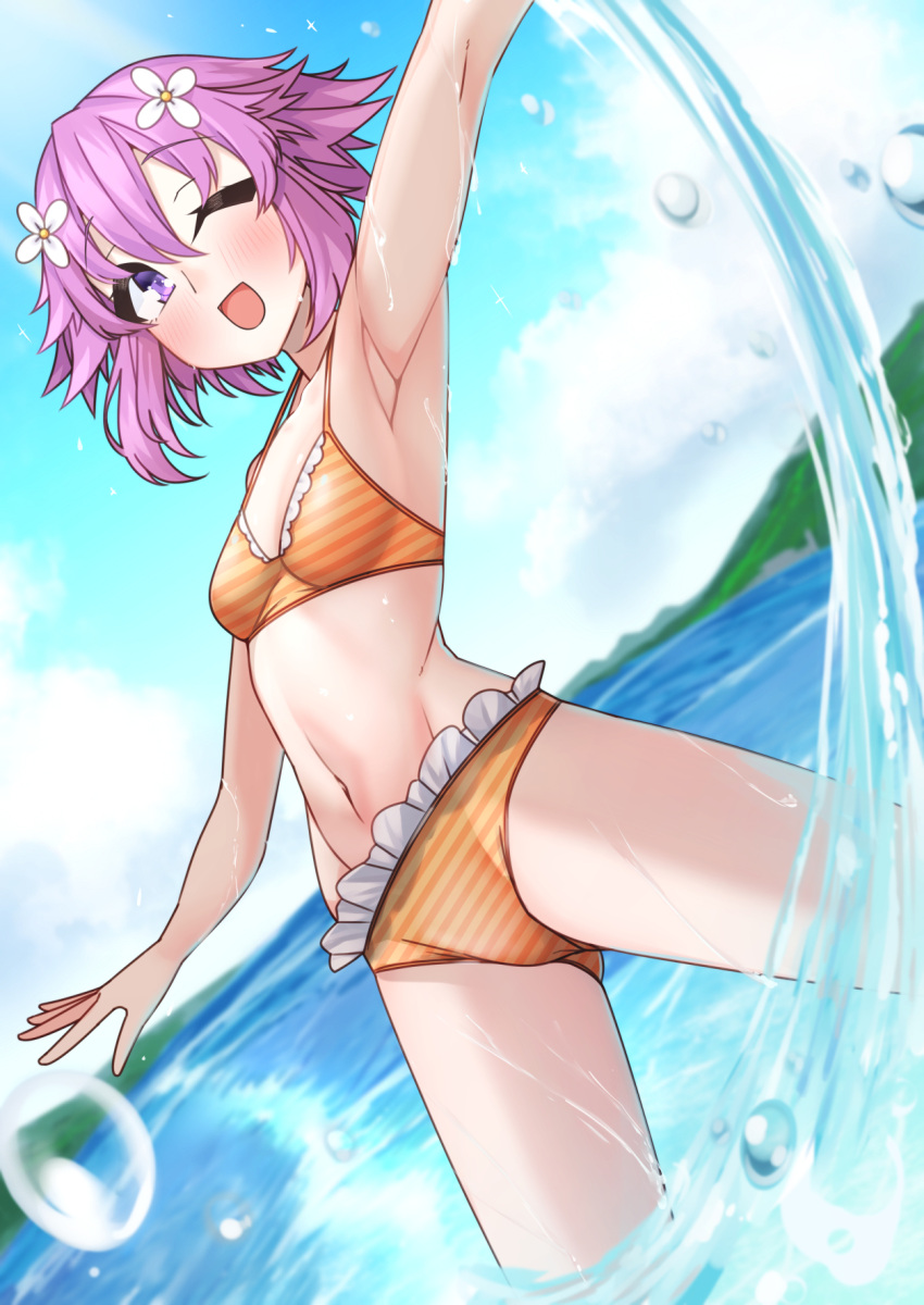 1girl armpits bare_shoulders bikini blush breasts dura flower hair_between_eyes hair_flower hair_ornament happy highres looking_at_viewer navel neptune_(neptune_series) neptune_(series) one_eye_closed purple_eyes purple_hair short_hair side-tie_bikini_bottom small_breasts smile solo swimsuit wet