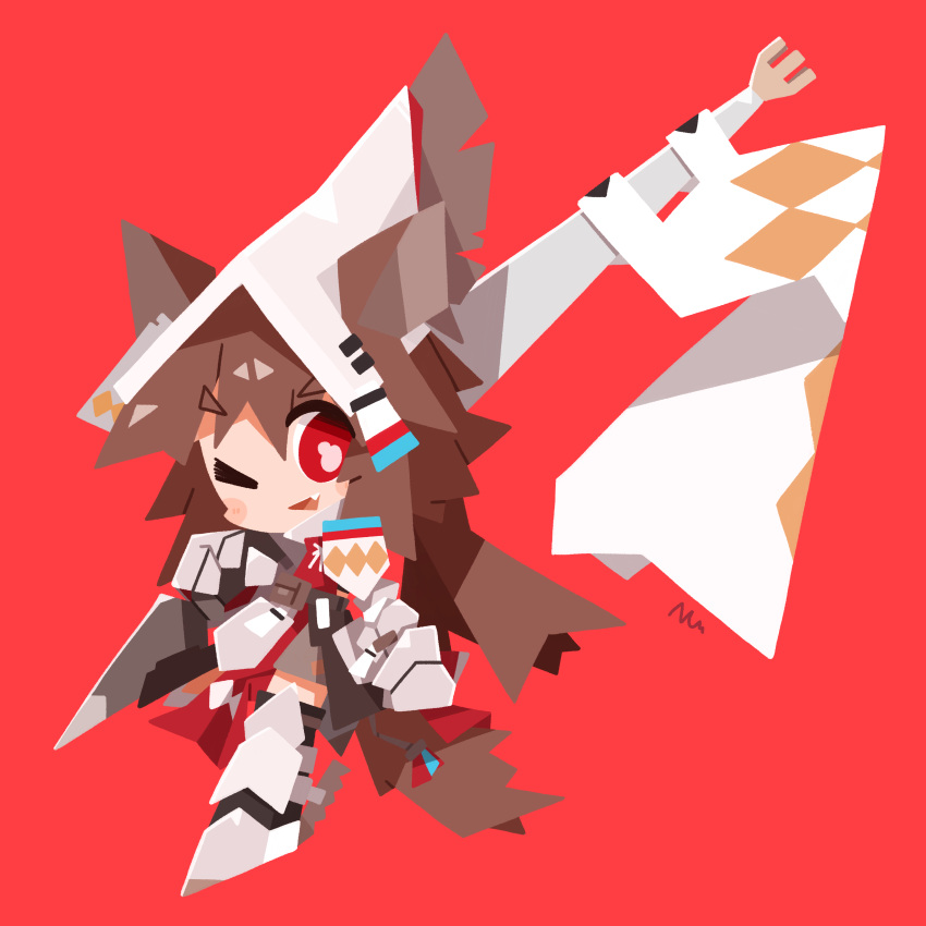 absurdres animal_ears arknights armor armored_boots blush boots brown_hair chibi commentary fang flag helmet highres holding holding_flag horse_ears horse_girl horse_tail nuu_(nu-nyu) one_eye_closed open_mouth red_background red_eyes simple_background tail wild_mane_(arknights)